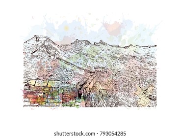 Great Wall of China. Watercolor splash with Hand drawn sketch illustration in vector.