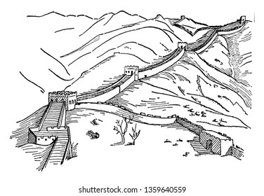 Gran Muralla de China que tiene 6 pies de altura y 12 metros de ancho por 1300 kilómetros de largo, dibujo de línea vintage o ilustración de grabado.