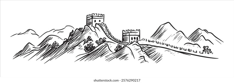 great wall of china winding through mountains hand-drawn line art illustration