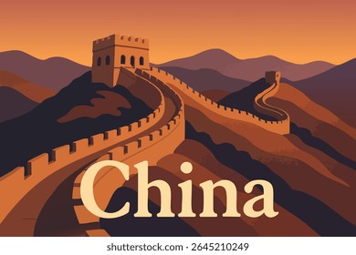 A Grande Muralha da China atravessa as montanhas, oferecendo vistas deslumbrantes da paisagem, com sua arquitetura antiga contrastando com a beleza natural circundante