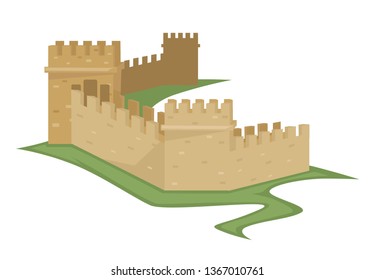 Great wall Chinese architecture isolated brick ancient defense construction vector landmark or tourist attraction oriental culture China building with towers traveling monument historical heritage