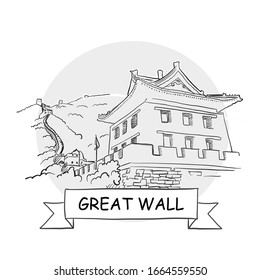 Great Wall Hand-Drawn Urban Vector Sign. Black Line Art Illustration with Ribbon and Title.