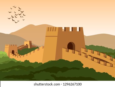great wall,famous landmark and heritage of the world and china,vintage color,vector illustration  