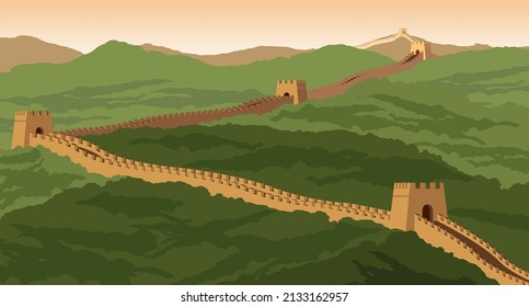 gran pared, famoso monumento y patrimonio del mundo y china,color vintage,ilustración vectorial  