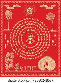 The great warli folk painting showing indian tradition and life. Bird and Tree Warli Painting, Wallpaper illustration Vector warli art.