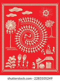 The great warli folk painting showing indian tradition and life. True life in indian village. Bird and Tree Warli Painting, Wallpaper illustration Vector warli art.