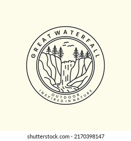 great waterfall with linear and emblem style logo icon template design. tree, nature, outdoor, vector illustration