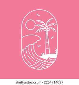 The Great Wave and Island in Summer Monoline Design Illustration for Apparel