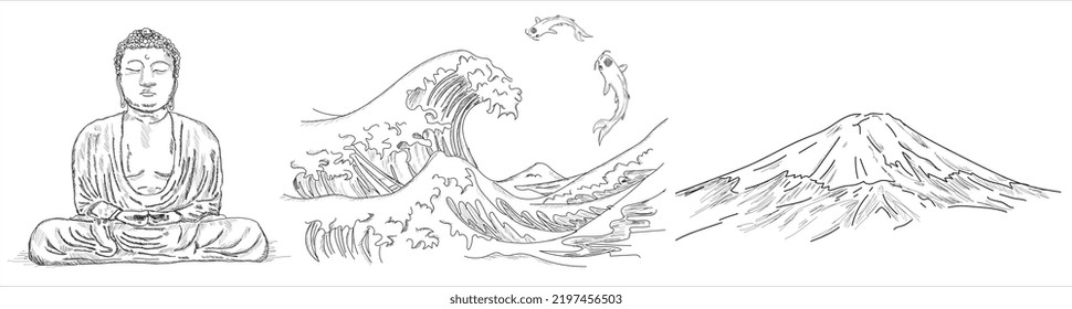 The Great Wave of Kanagawa, The great buddha, mountain fuji. Sketch hand drawing vector illustration