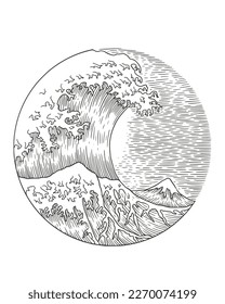 The great wave kanagawa in engraving drawing style. vector illustration