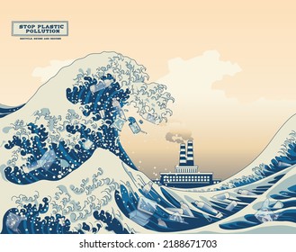 The great wave of kanagawa painting with environmental pollution concept art. Pollution of the sea and beaches.