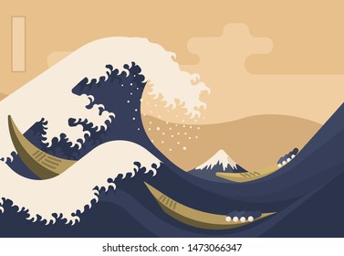 Great Wave with Mount Fuji 19th century japanese style woodblock print vector illustration - Vector. Flat minimalism. Katsushiki Hokusai inspired.