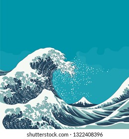 Great Wave And Mount Fuji Vintage Japanese Woodcut Style Vector Illustration