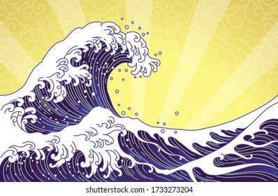 Great wave and ocean oriental style illustration isolated on  golden sunshine and  seamless clouds background. Japan waves and Chinese cloud vector.