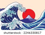 great wave off kanagawa background with Fuji mountain and the sun drawing in vector