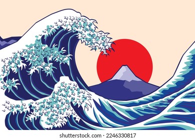 great wave off kanagawa background with Fuji mountain and the sun drawing in vector