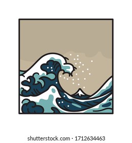 Great Wave Off Kanagawa, obra maestra de Hokusai, ilustración vectorial de estilo caricatura aislada en blanco. 