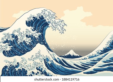 The great wave off kanagawa painting reproduction vector illustration. Old Japanese artwork with big wave and mountain Fuji on the background.