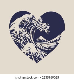 the great wave off kanagawa painting reproduction vector illustration.Old Yapanese artwork with big wave and mountian Fuji on the background.the image is inscribed in the shape of a heart.