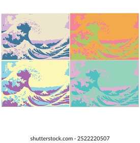 The Great Wave off Kanagawa in pop art style different colors famous artist work 