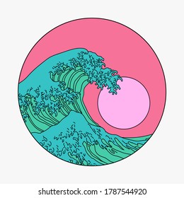 Great Wave off Kanagawa in Vaporwave Pop Art style. View on the ocean's crest leap.