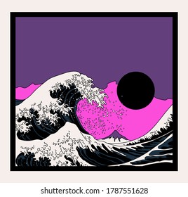 Great Wave off Kanagawa in Vaporwave Pop Art style. View on the ocean's crest leap.