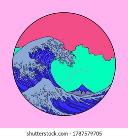 Great Wave off Kanagawa in Vaporwave Pop Art style. View on the ocean's crest leap.