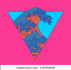 Great Wave off Kanagawa in Vaporwave Pop Art style. View on the ocean's crest leap.