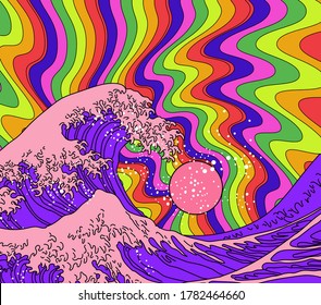 Great Wave in Psychedelic Hippie style. View on the ocean's crest leap stylized like the Pop art of the Sixties.