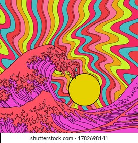 Great Wave In Psychedelic Hippie Style. View On The Ocean's Crest Leap Stylized Like The Pop Art Of The Sixties.