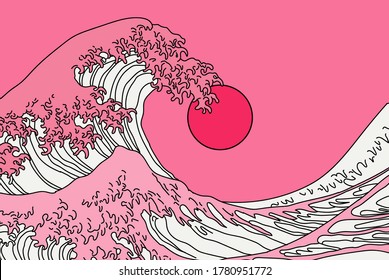 Great Wave in Vaporwave Pop Art style  View ocean's crest leap toward the sky  Stylized vector line art 
illustration 19th century Japanese print  