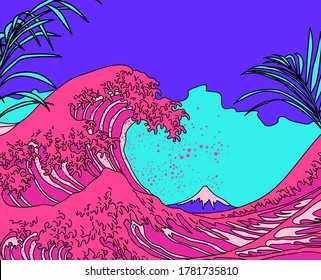 Great Wave in Vaporwave Pop Art style. View on the Mount Fuji and ocean's crest leap. Stylized vector line art illustration of 19th century Japanese print. 