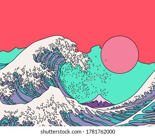 Great Wave in Vaporwave Pop Art style  View the Mount Fuji   ocean's crest leap  Stylized vector line art illustration 19th century Japanese print  