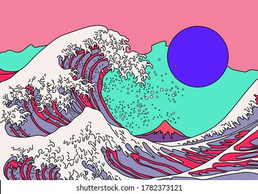 Great Wave in Vaporwave Pop Art style. View on the Mount Fuji and ocean's crest leap. Stylized vector line art illustration of 19th century Japanese print.