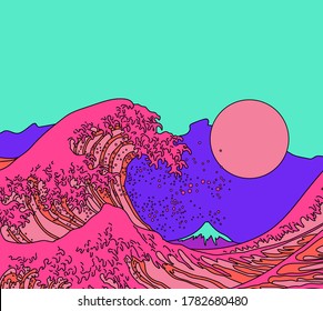 Great Wave in Vaporwave Pop Art style. View on the Mount Fuji and ocean's crest leap. Stylized vector line art illustration of 19th century Japanese print. 