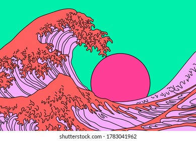 Great Wave in Vaporwave Pop Art style. View on ocean's crest leap toward the sky. Stylized vector line art 
illustration of 19th century Japanese print.