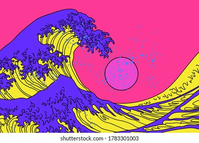 Great Wave in Vaporwave Pop Art style. View on ocean's crest leap toward the sky. Stylized vector line art 
illustration of 19th century Japanese print.