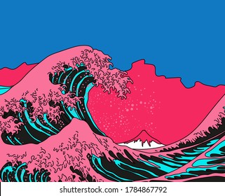 Great Wave in Vaporwave Pop Art style  View the mountain   ocean's crest leap 