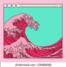 Great Wave in Vaporwave Pop Art style. View on the ocean's crest leap in window frame.