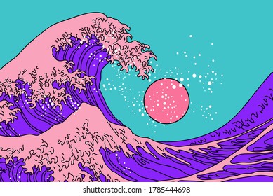 Great Wave in Vaporwave Pop Art style. View on the ocean's crest leap. Stylized vector line art illustration of 19th century Japanese print. 