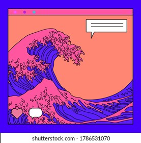 Great Wave in Vaporwave Pop Art style. View on the ocean's crest leap.