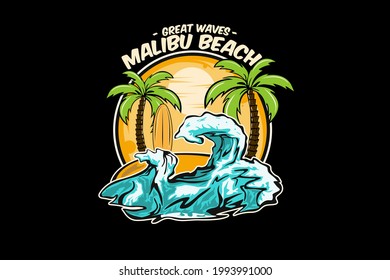 great waves malibu beach illustration design