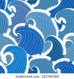 Great waves seamless pattern. Japanese style seascape ornament. Tide motif oriental wallpaper. Hand drawn design nautical print. Freehand vector background