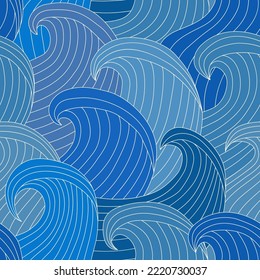 Gran oleaje sin fisuras. Aroma marino de estilo japonés. Fondo de pantalla oriental con motivos de marea. Diseño a mano, huella náutica. Fondo vectorial de mano libre