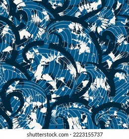 Great waves seamless pattern. Japanese style seascape ornament. Tide motif oriental wallpaper. Hand drawn design nautical print. Freehand vector background