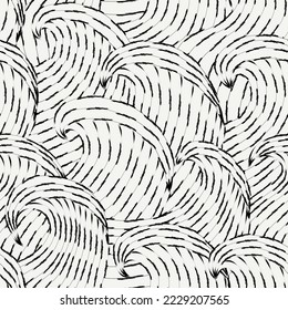 Great waves seamless pattern. Japanese style seascape ornament. Tide motif oriental wallpaper. Hand drawn design nautical print. Freehand vector background