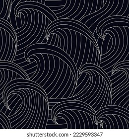 Great waves seamless pattern. Japanese style seascape ornament. Tide motif oriental wallpaper. Hand drawn design nautical print. Freehand vector background