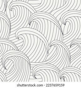 Great waves seamless pattern. Japanese style seascape ornament. Tide motif oriental wallpaper. Hand drawn design nautical print. Freehand vector background