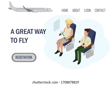 Great way fly web landing banner, character passenger international flight, flat vector illustration. Button home about login and contact. Internet page for aircraft company site, domestic air voyage.