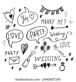 Great wedding set line art graphics. Wedding elements, calligraphy text isolated on a white background. Doodling is a celebration.